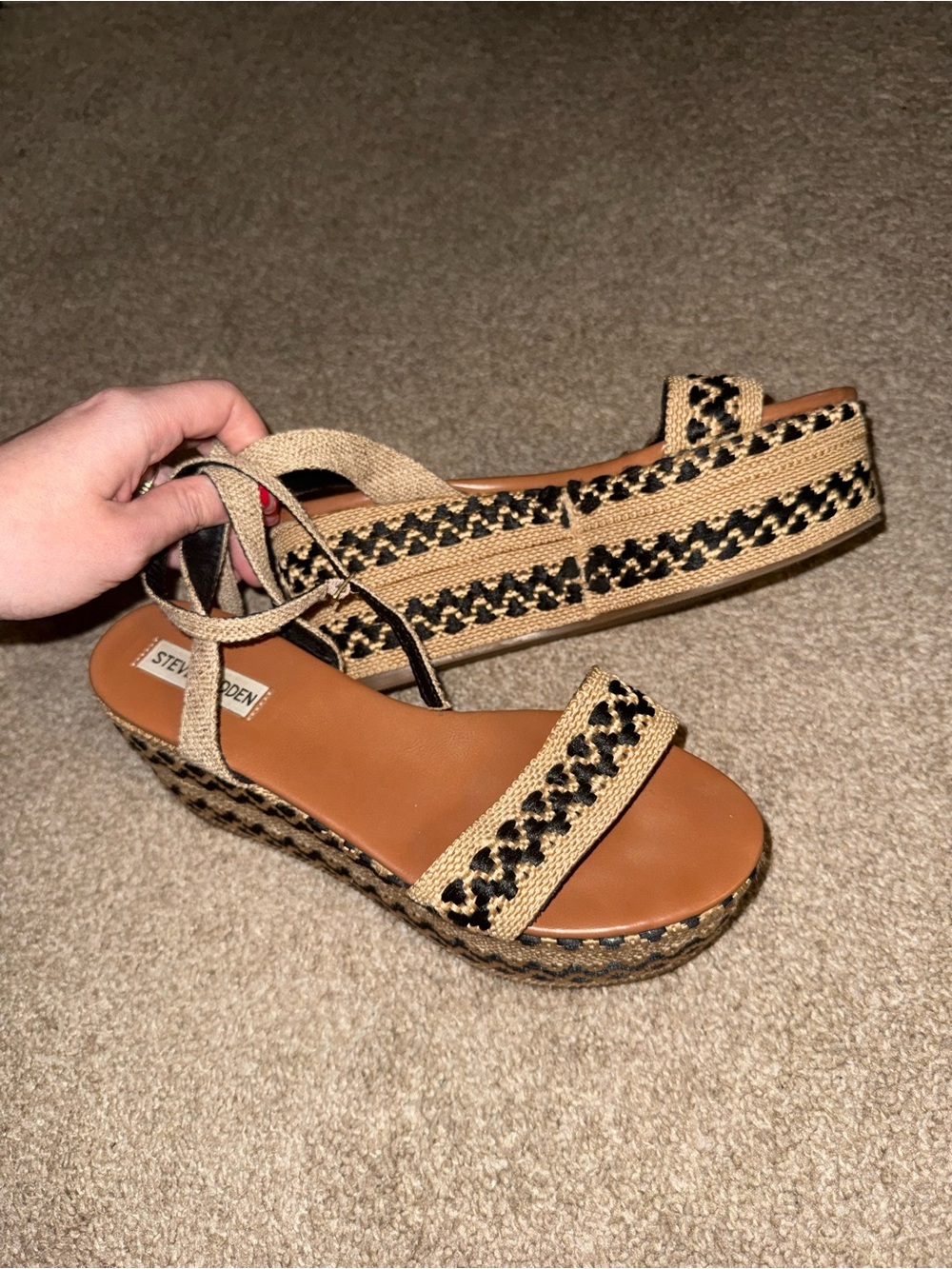 Steve Madden Tan and Black Woven Espadrille Wedge Sandals with Ankle Straps